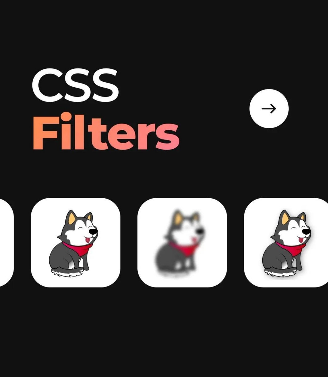 CodeWithDolly's tweet photo. CSS filter property can be used to apply visual effects like adjusting the color, blurring, and other effects to an element. Here are the Top properties you must knowπ
Image Credit: Baby Wolf Codes
Let's connect @codewithdolly
#css #design #coding #animations #codewithdolly https://t.co/3XEEZye4OF