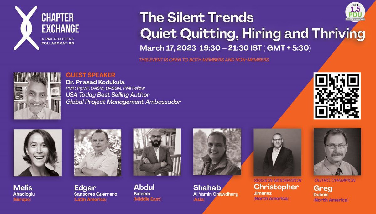 PMIGHChapter's tweet image. #pmichapterXchange event
The Silent Trends - Quiet Quitting, Hiring, and Thriving

Date: Mar 17, 2022
Time: 19:30 – 21:30 IST ( GMT + 5:30)
Register here: lnkd.in/dv_Cem6R