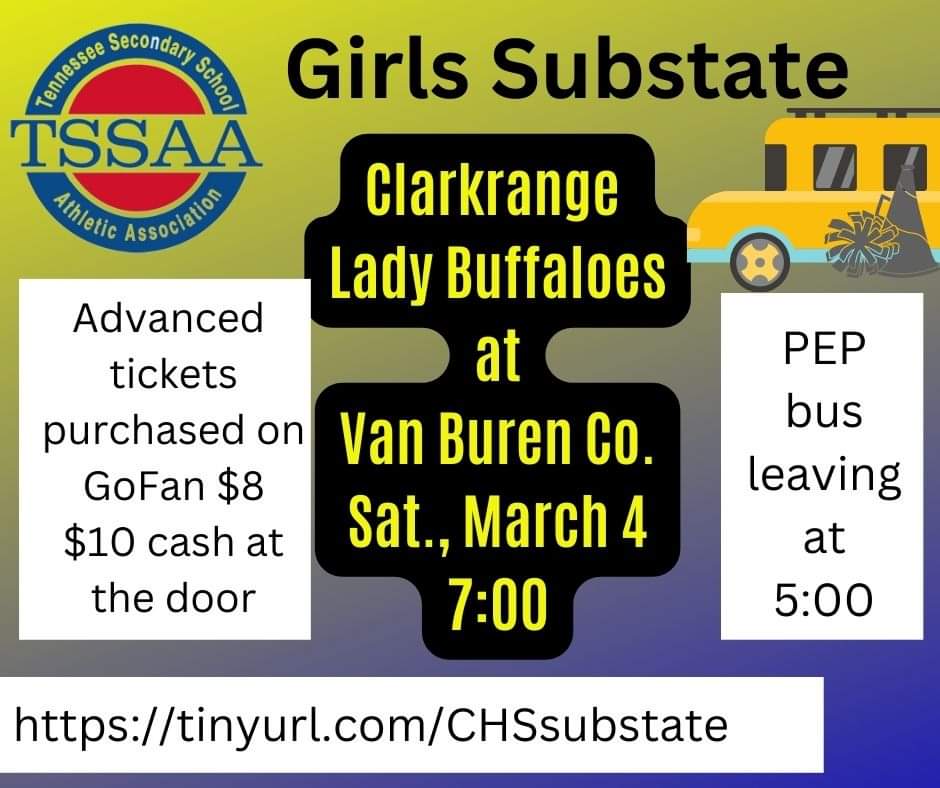 CLARKRANGE Lady Buffaloes 
PARKING LOT PEP RALLY SEND OFF will be at 4:15 Saturday, March 4th-team departs at 4:30!
