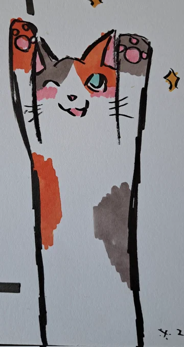 ありたまえのように描いて思った、ちゃっかし架空の三毛猫描いてた普通は黒、茶色?、白がメインですがミカコ(美変子)の場合茶色、オレンジ、白、目の色は青けいのなにか、#イラスト#絵#作品 