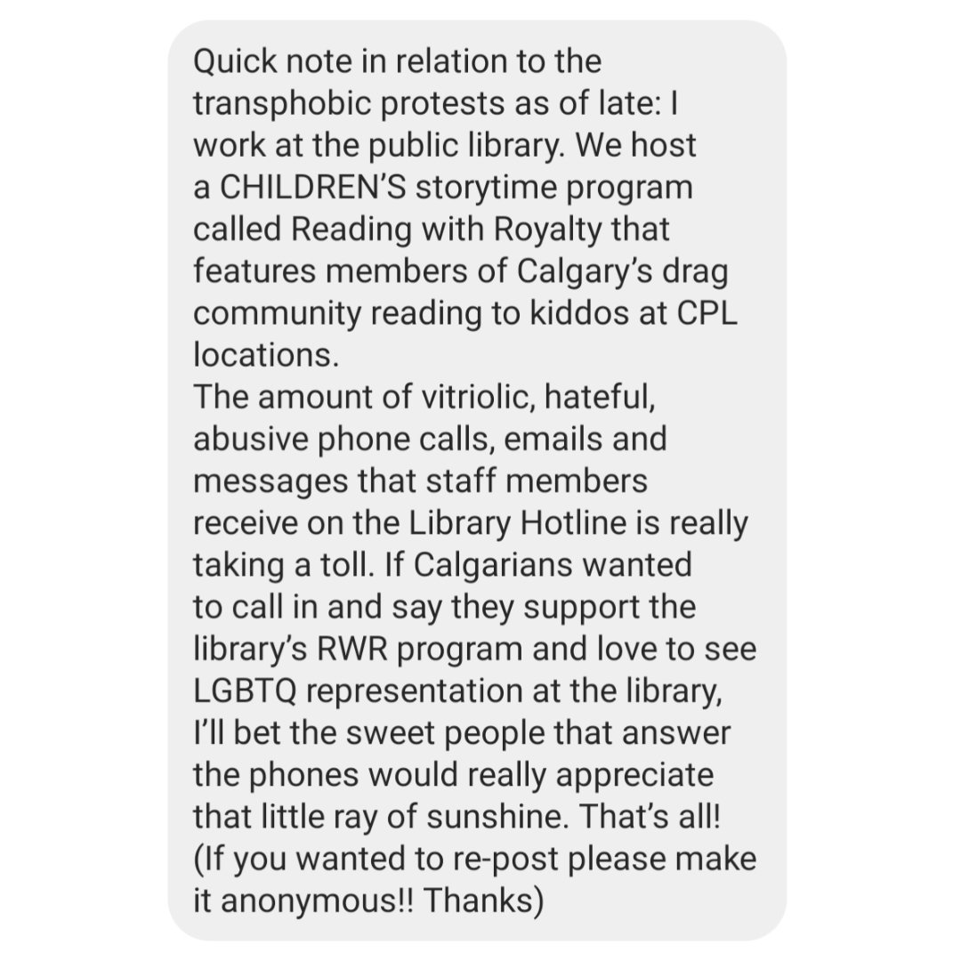 From a DM

📞 403-260-2600
📧 calgarylibrary.ca/contact-us 

♥️💚💙💛💜🖤🧡

#yyc #calgary