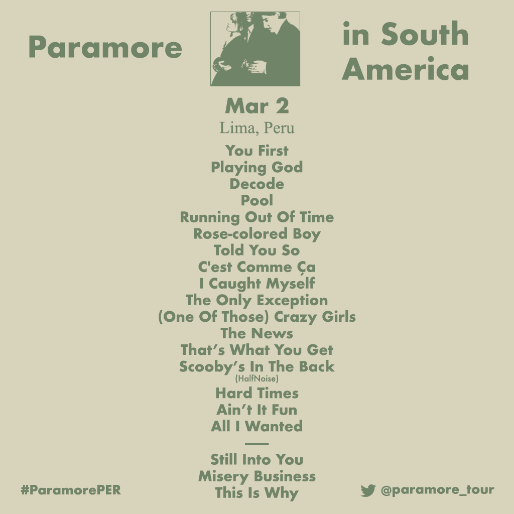 paramore_tour's tweet photo. This was the setlist tonight in Lima, Peru! #ParamorePER #Perumore
What are your thoughts on the setlist for the South America tour?
NEXT SHOW: 🗓️ Mar 5 📍 Santiago, Chile 🇨🇱 https://t.co/UCj2vPpXWB
