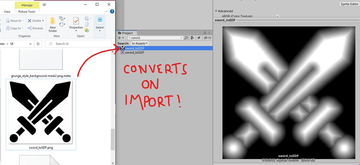 MattDavisGames's tweet image. I've created a quick Unity script that converts an image to a Signed Distance Field (SDF) texture automatically on import.
Hope someone finds it useful!
gist.github.com/mattdavisgames…
#gamedev #indiedev #unitytips #unity3d #gameart #shader
