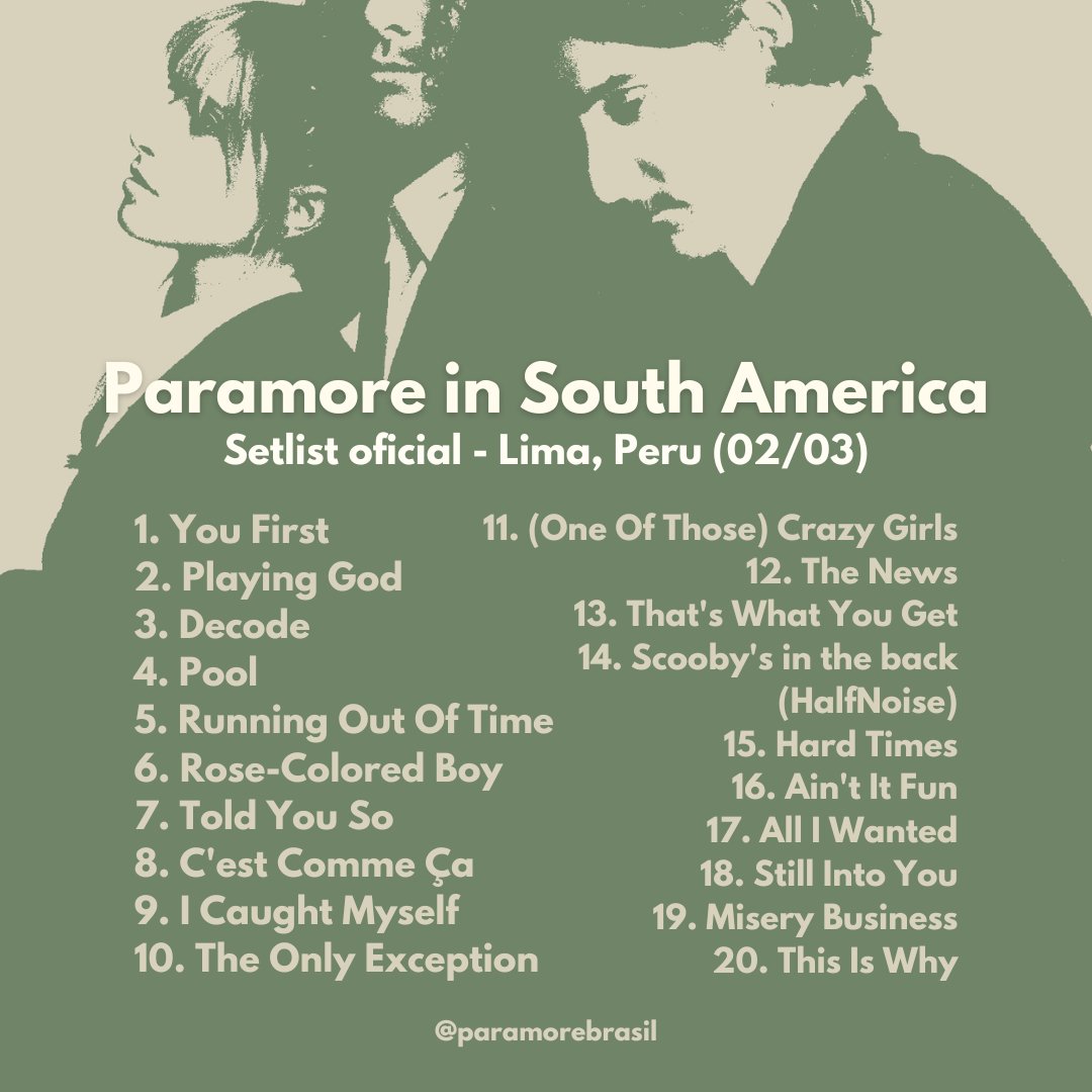 Paramore Brasil on Twitter "SETLIST DO PARAMORE PARA A AMÉRICA DO SUL