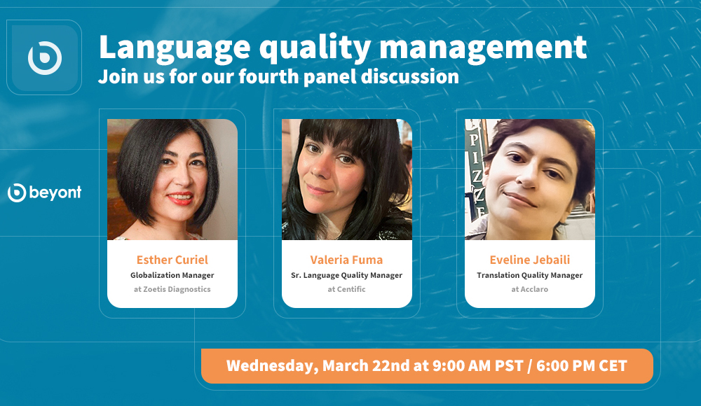 beyontLLC's tweet photo. Announcing our panelists for the upcoming Beyont Panel Discussion on Language Quality! Please note that due to the switch to daylight savings in the US, the time for our webinar has changed to 17:00 CET. Sign up here: https://t.co/AQvL57w1rB
#l10n #languagequality https://t.co/ojU3HjEgMm