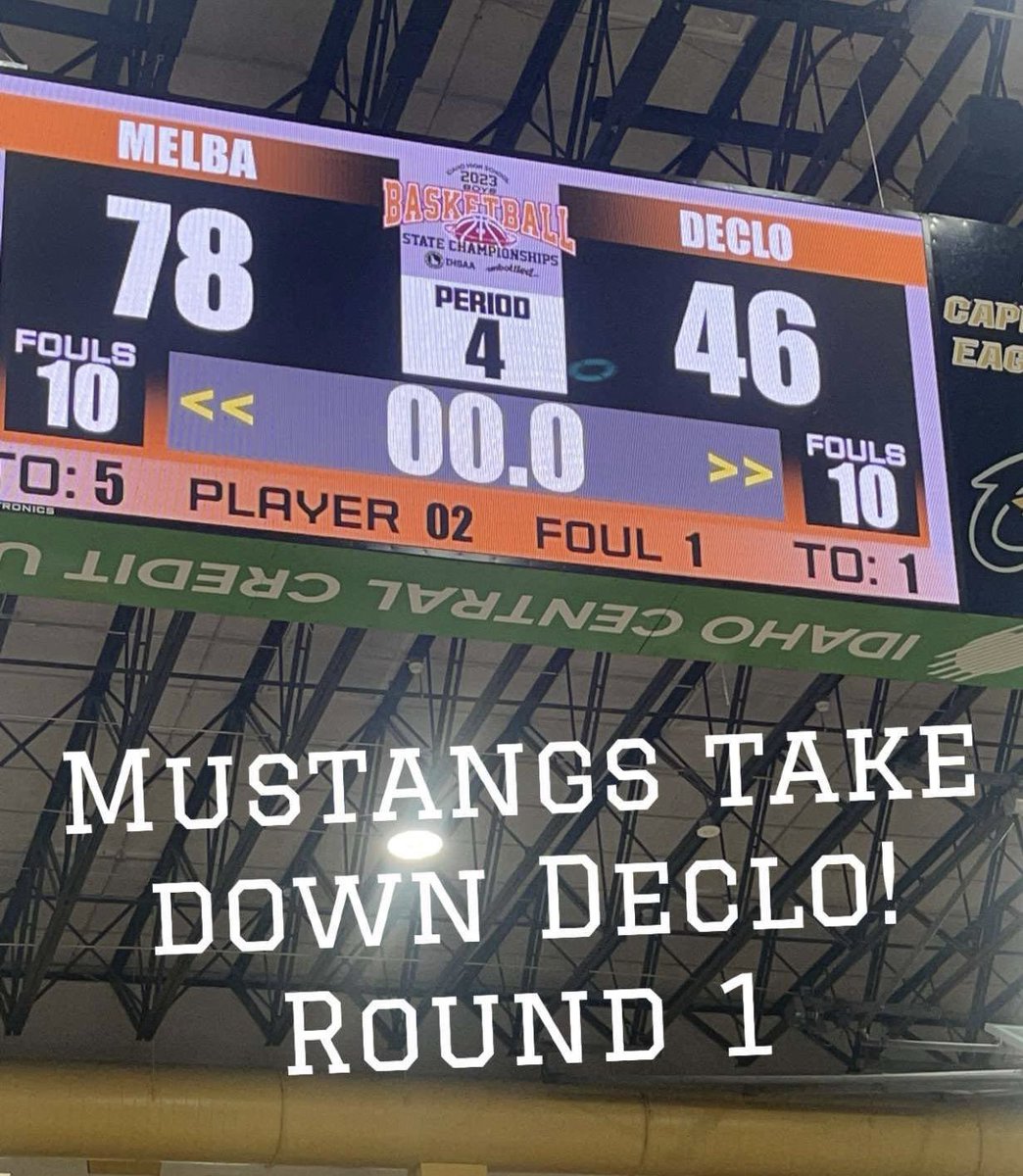 2A State Basketball Tournament.  Final: Melba 78 Declo 46.  Melba move on to play St Maries at 7pm at Capital!  Go Mustangs!