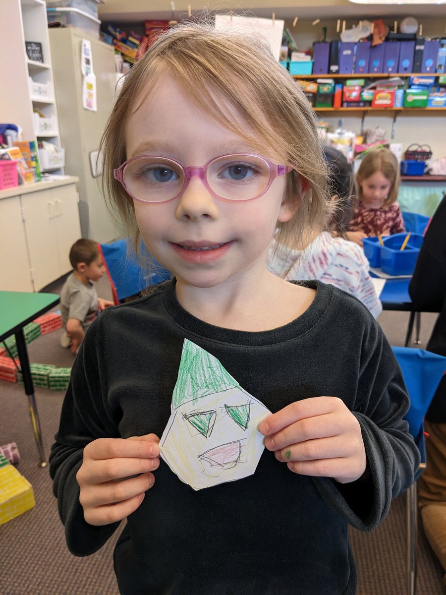 This smart cookie was inspired by our composing shapes lesson w/the <a href="/MLCmath/">The Math Learning Center</a> Pattern Shapes app that she created her own shape drawing during indoor recess! Love it!!😊 <a href="/keiraclemenzi/">Keira Clemenzi</a>
was the lucky recipient of this cute creation.  #fullermeadow #extendinglearningthroughplay