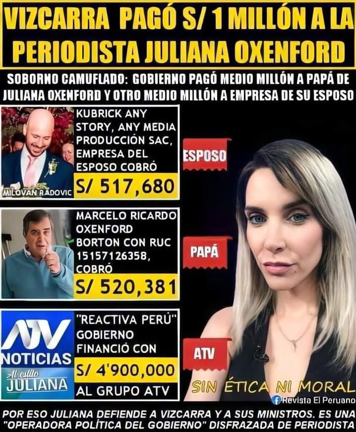 MEMEOPERU's tweet photo. Por si las dudas aquí está la razón por la Juliana Oxenford se la chupaba a Vizcarra en pandemia, pese a que sabíamos que nos estaba matando a los peruanos: https://t.co/LCHlA2DlFa