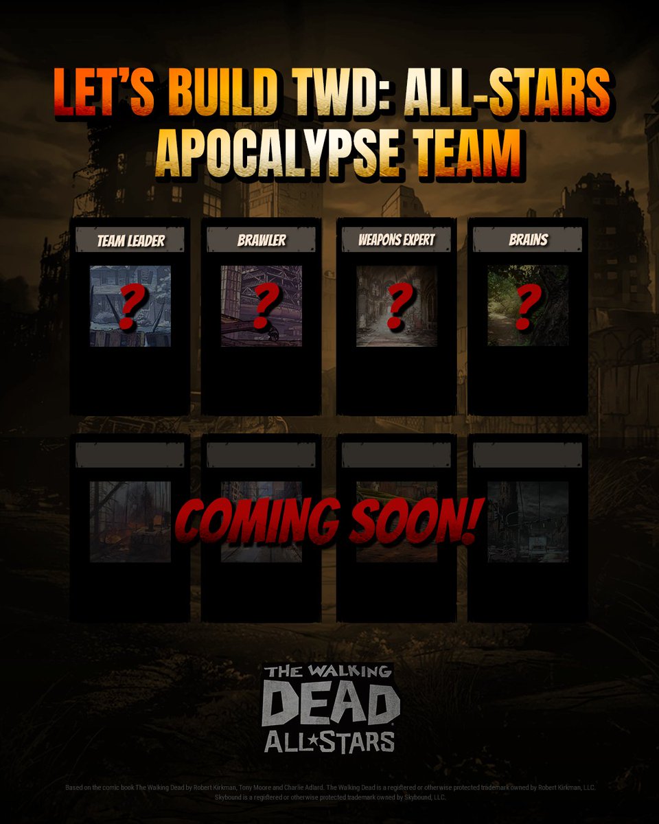 TWDAllStars's tweet photo. Survivors!
You already know we can't survive alone!🤓
Let's build TWD: ALL-STARS Apocalypse team together!

Which Survivor best represents each title?🤔

Vote to build TWD: AS Apocalypse team now!👇

⭐RT/LIKE to enter the lucky draw!

#TWD #TWDAS #Apocalypse #TwitterEvent https://t.co/ArTxbrqtSj