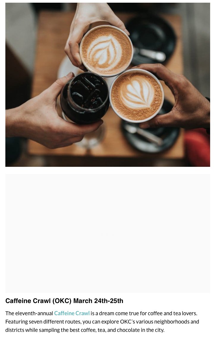 Thanks Oklahoma Wonders (<a href="/AHistoryFangirl/">Stephanie Craig</a>) for including the upcoming Caffeine Crawl. ☕️
oklahomawonders.com/oklahoma-in-ma…