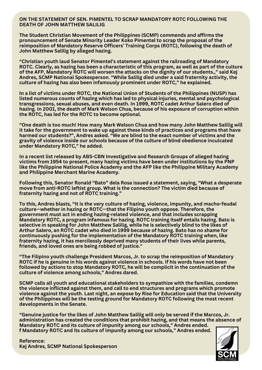 SCMPhilippines's tweet photo. ON THE STATEMENTS OF SENS. PIMENTEL AND BATO

"... the government must act in ending hazing-related violence, and that includes scrapping Mandatory ROTC, a program infamous for hazing."
—Spox @TheKejOfGlory 

#NoToMandatoryROTC! https://t.co/pvj5bwU3oJ