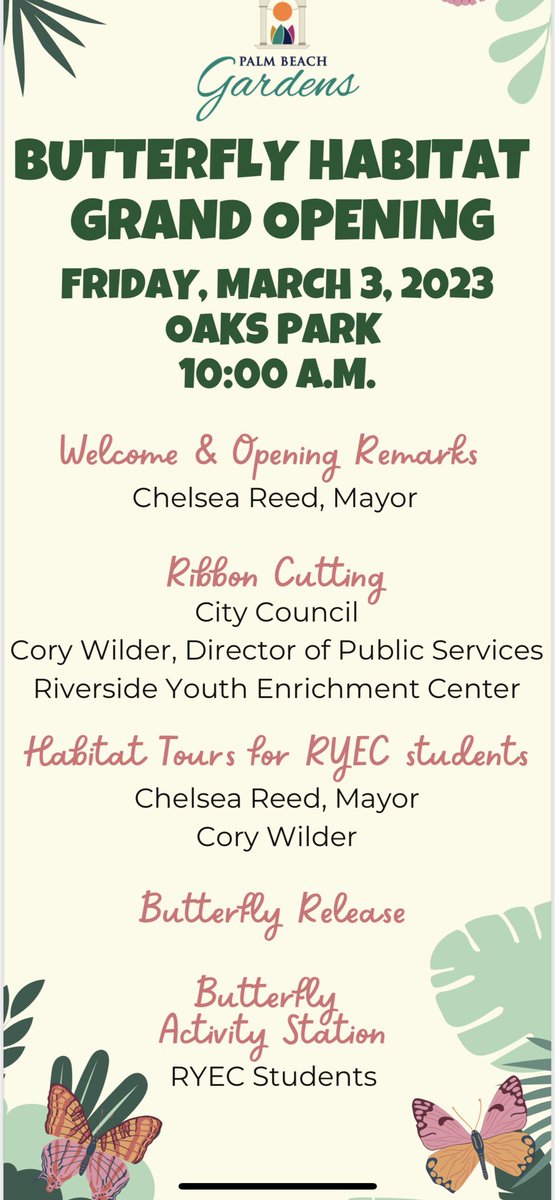 🦋Oaks Park Butterfly Habitat Opening!🦋
TOMORROW at 10:00 a.m.
Official opening &amp; ribbon cutting!
(10666 Gardens East Drive) 
pbgfl.com/CivicSend/View…

#CityOfPBG