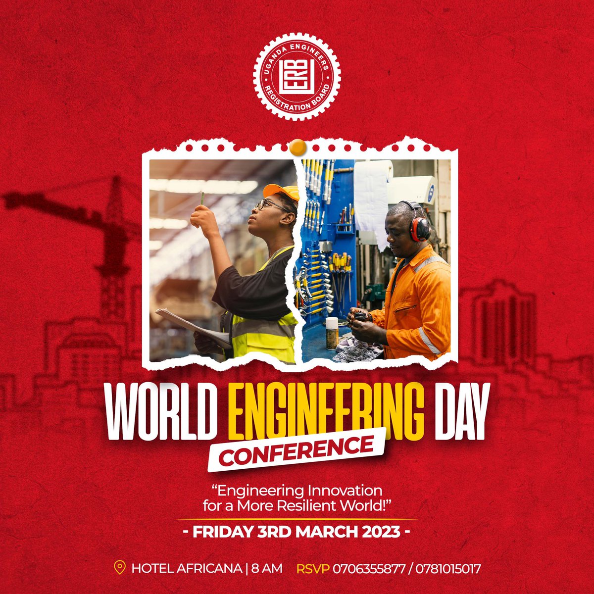 ERBUganda's tweet photo. All roads lead to @HotelAfricana this morning as we commence the World Engineering Day celebrations.

Theme: Engineering Innovation for a More Resilient World.

#WED2023
#WorldEngineeringDay2023 https://t.co/vlKfpBr0tJ