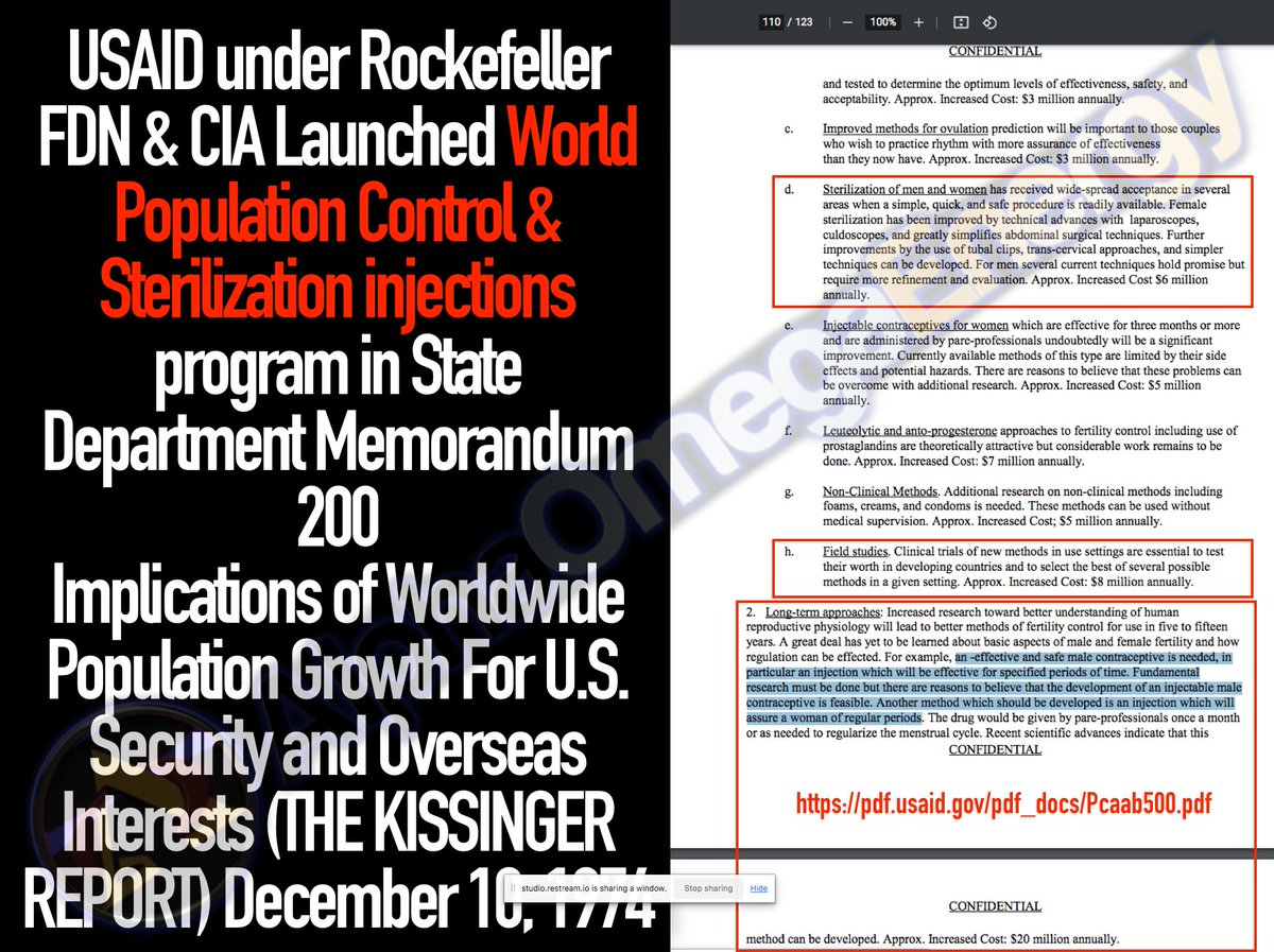 AOEvcBreakthru's tweet photo. Just in case you don't understand that this entire #Fraudemic is to get injections into your arms to STERILIZE YOU, here it is in writing right off the Corrupt CRIMINAL CIA USAID Website from the Kissenger Report which was CLASSIFIED hidden from the world.
Kissenger said it live. https://t.co/4f4n8nZrbd
