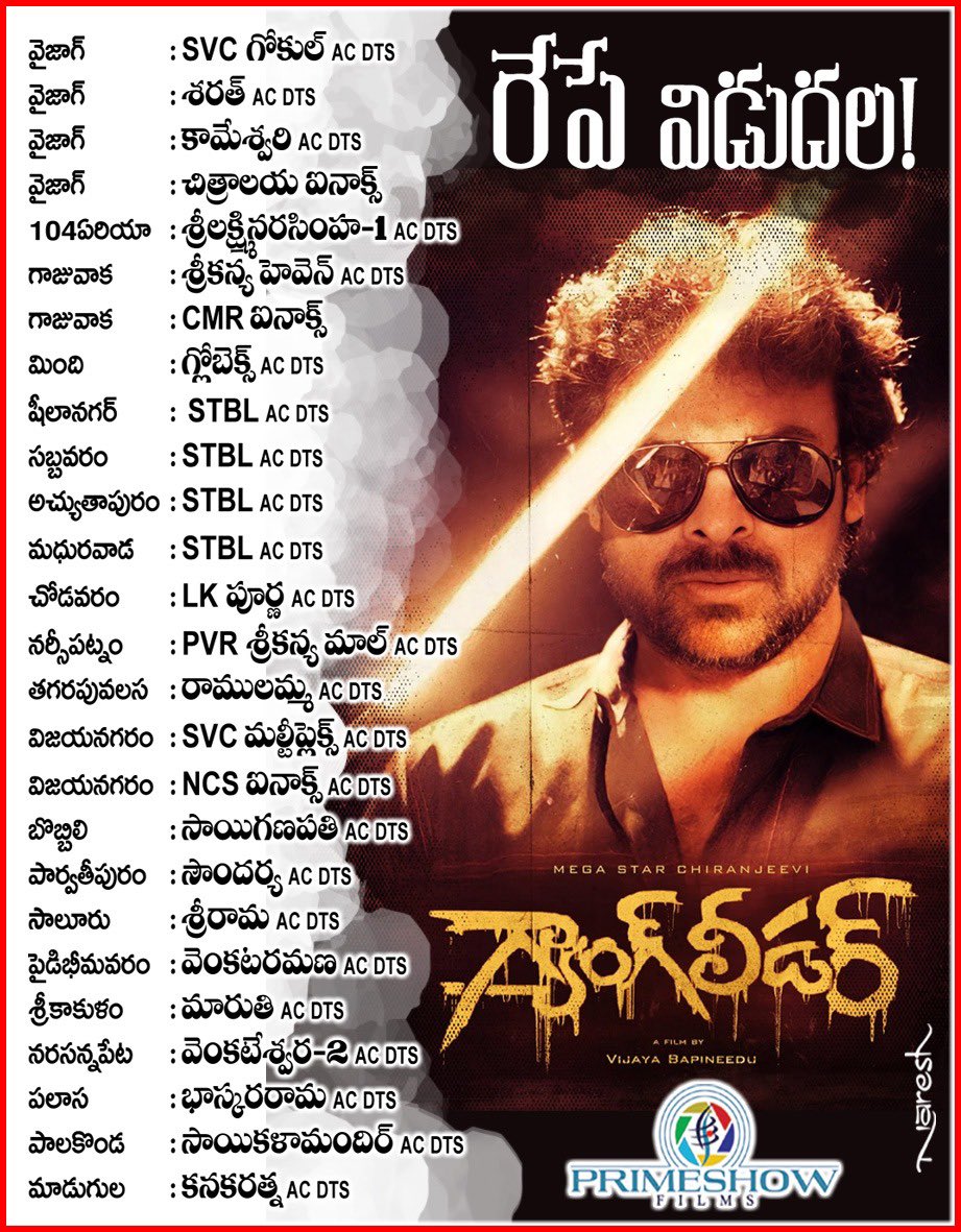 రేపే విడుదల !!

Megastar <a href="/KChiruTweets/">Chiranjeevi Konidela</a> garu’s Super Duper Musical Hit Movie #GangLeader Uttarandhra Re-Release Theater's List !!

Release by <a href="/primeshowfilms/">Primeshowfilms</a> !!

<a href="/vijayashanthi_m/">VIJAYASHANTHI</a> #VijayaBapineedu #MagantiRavidranathChowdary <a href="/thebappilahiri/">Bappi Lahiri</a> <a href="/GkParuchuri/">Paruchuri GK</a>