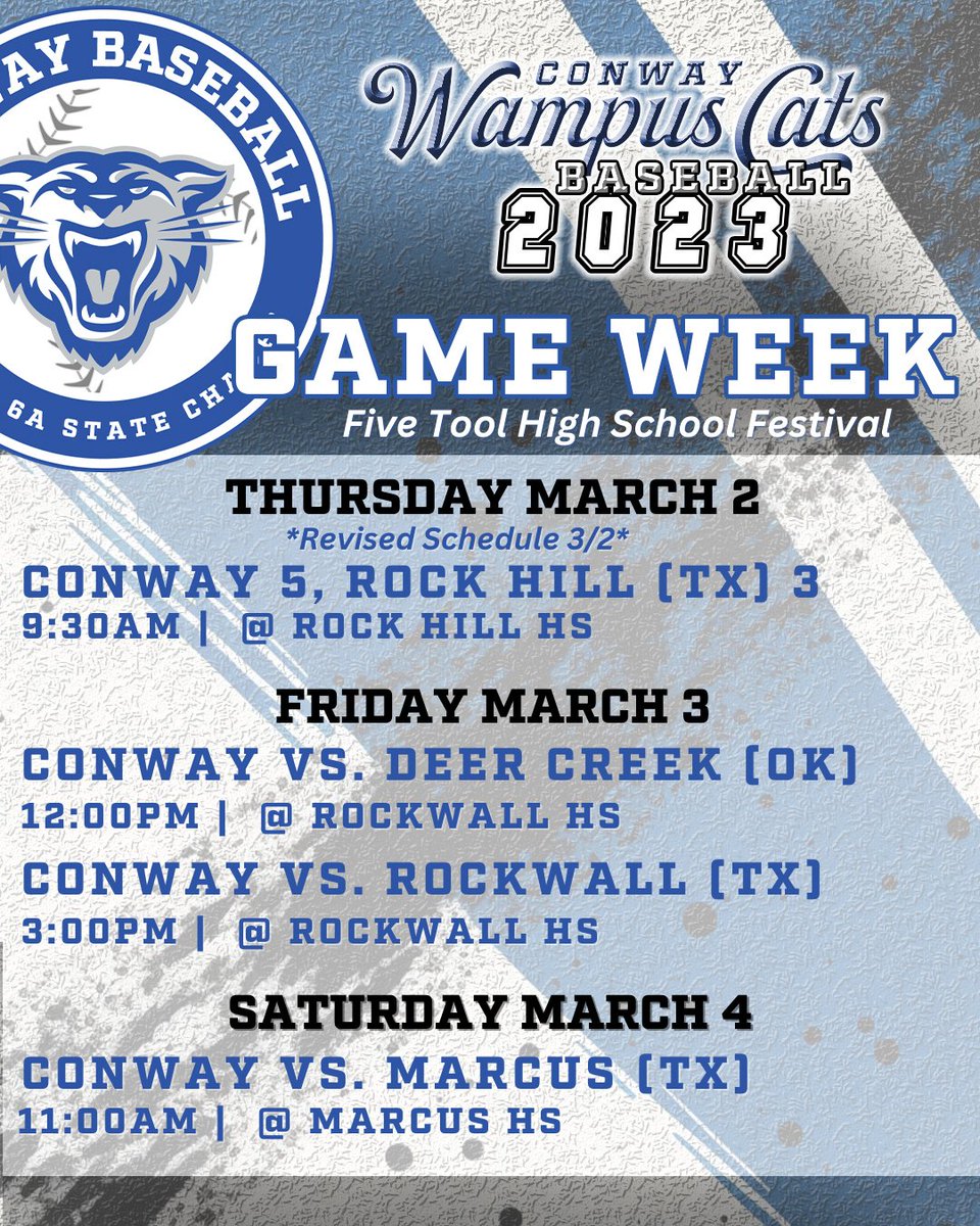 Update: Cats now play Friday at 12pm and 3pm at Rockwall HS.

The 12pm game will be streamed on Conway Baseball YouTube Channel: 
youtube.com/@conwaybaseball

The 3pm game will be broadcast live on rockwallisd.com. 
#sixlegsbsbl #6legs4life #fivetoolfestival