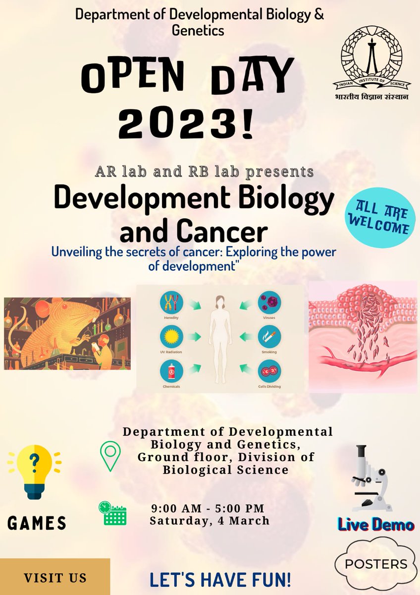 BISWADE26329340's tweet photo. Want to learn about the ongoing work in cancer biology and development? Visit our stalls on 4th of March at the Division of Biological Sciences, IISc Bangalore. @iiscbangalore @opendayiisc2023 #morphogenesis_RBlab #ARLAB https://t.co/hobfg2Ptkf