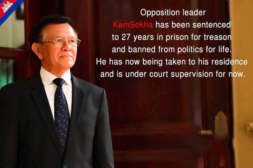 Cambodia123_Fan's tweet photo. Opposition leader #KemSokha has been sentenced to 27 years in prison for #treason and banned from #politics for life. He has now being taken to his residence and is under court supervision for now.
#Cambodia #Traitor #cambodia_traitor #developmentnt #Stability #Democracy https://t.co/ly7Slzm9a8