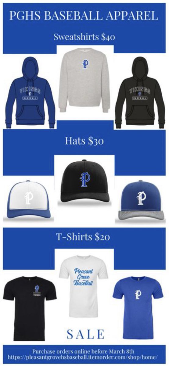Get your Vikings gear here!! pleasantgrovehsbaseball.itemorder.com/shop/home/
Order now for delivery on March 8th. GO VIKINGS!!