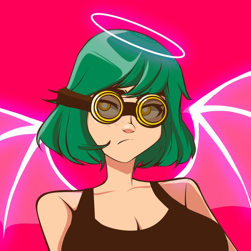 GreenQueenFlare's tweet photo. *Her visor is going through repairs and updates.*

//Ignore the halo and wings, it's an NFT I stole lmao https://t.co/0Wm1cxtHBe