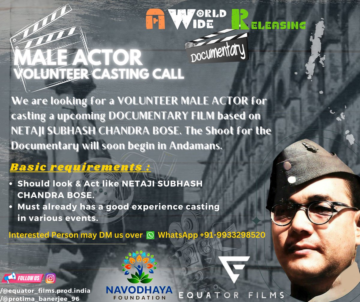 We are looking for a VOLUNTEER MALE ACTOR for casting a upcoming DOCUMENTARY FILM based on #NETAJISUBHASHCHANDRABOSE. The Shoot for the  Documentary will soon begin in Andamans.