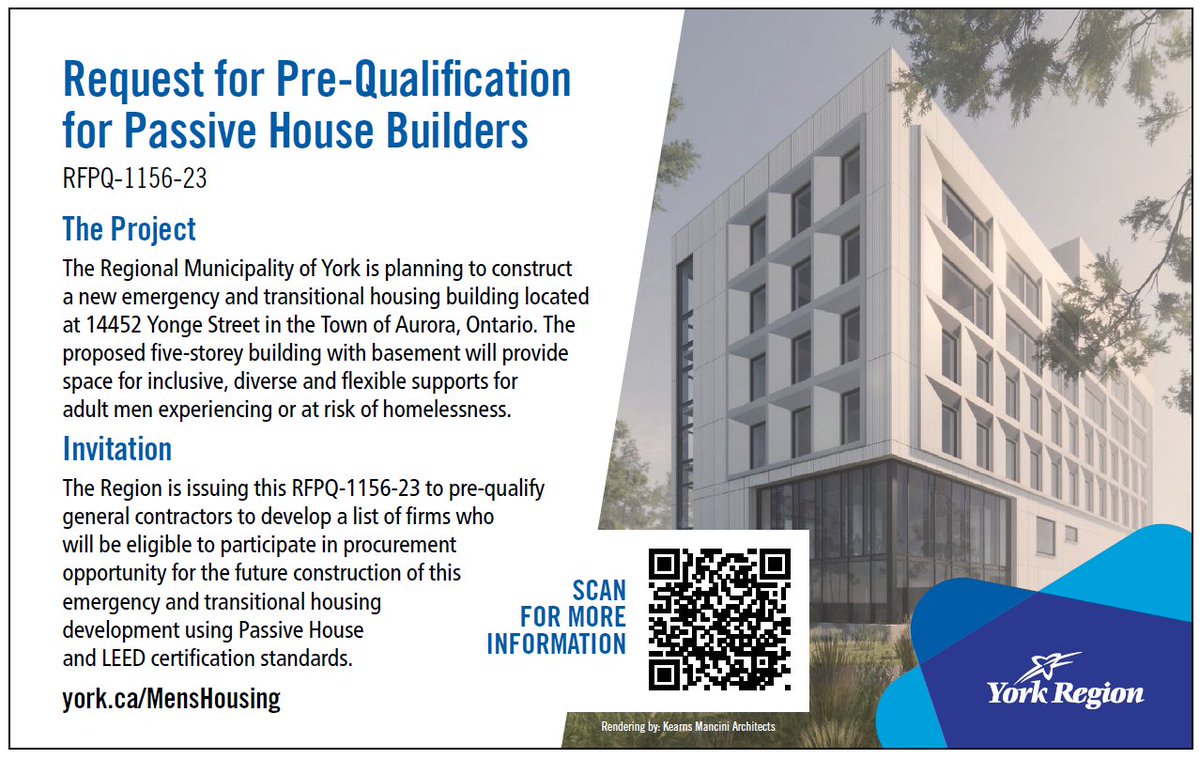 HousingNowTO's tweet image. 📍@YorkRegionGovt is issuing this RFPQ to pre-qualify general contractors to develop a list of firms who will be eligible to participate in procurement for the future construction of emergency &amp;amp; #TransitionalHousing development using #PassiveHouse &amp;amp; LEED certification standards.