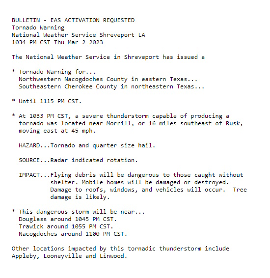 Jasamsdestiny's tweet photo. #TornadoWarning for
N.W. #NacogdochesCounty &amp; S.E. #CherokeeCounty in #Texas till 11:15pm

This dangerous storm will be near...
#Douglass around 10:45pm
#Trawick around 10:55pm
 #Nacogdoches around 11:00pm

Other locations impacted include #Appleby, #Looneyville &amp; #Linwood.
#txwx https://t.co/umIq9xilSg