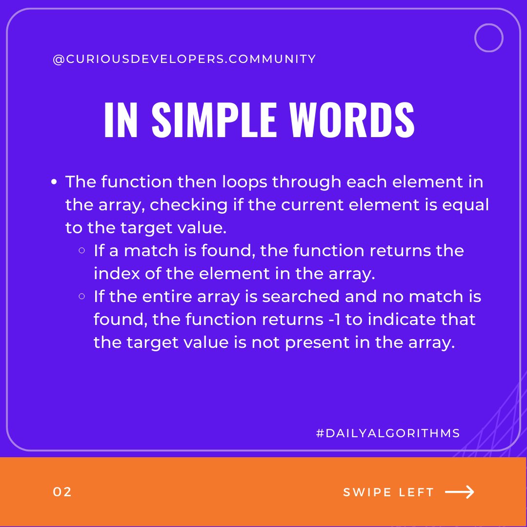 wecuriouspeople's tweet photo. Today Let's understand Linear Search Algorithm in Simple Words

#DailyAlgorithms #100DaysOfAlgorithm #100DaysOfCode #Programming #CodeNewbie #DevCommunity #100DaysOfCode #WomenWhoCode #CodeIsLife #CodeChallenge #WebDevelopment #JavaScript #Python https://t.co/BhvMkgcZiv