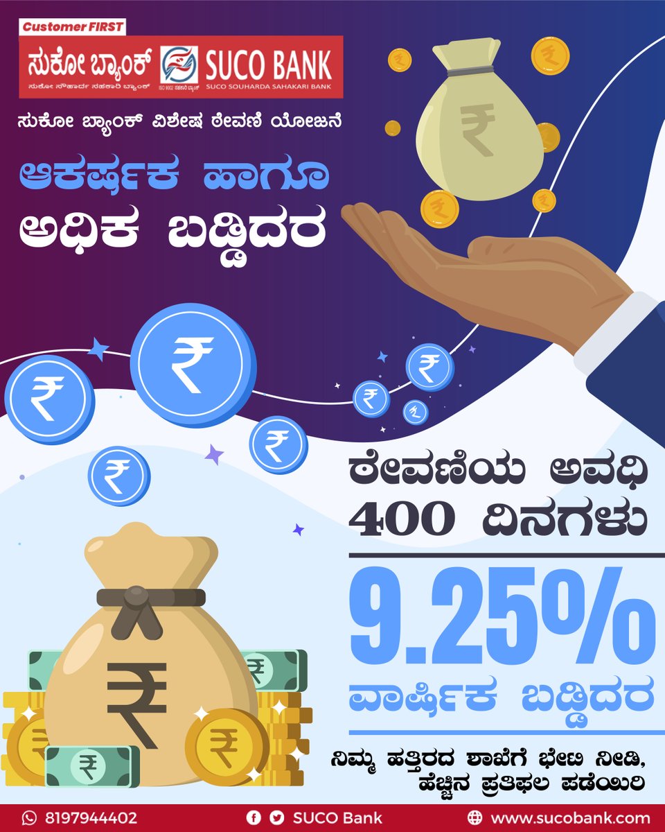 sucobank's tweet photo. ಸುಕೋ ಬ್ಯಾಂಕ್, 400 ದಿನಗಳ ಹೊಸ ಠೇವಣಿ ಯೋಜನೆ ಆರಂಭಿಸಿದೆ. ವಾರ್ಷಿಕವಾಗಿ ಶೇ. 9.25 ರಷ್ಟು ಬಡ್ಡಿದರವನ್ನು ನೀಡುವುದು ಈ ಯೋಜನೆಯ ವಿಶೇಷತೆ. ಕೂಡಲೇ ನಿಮ್ಮ ಹತ್ತಿರದ ಸುಕೋ ಬ್ಯಾಂಕಿನ ಶಾಖೆಗೆ ಭೇಟಿ ನೀಡಿ, ಹೂಡಿಕೆಯಿಂದ ಹೆಚ್ಚಿನ ಲಾಭ ಪಡೆಯಿರಿ.
#UniqueFD #Banking #Loans #Financialservice #SuperFD #SUCOBank https://t.co/jsTRCJK10w