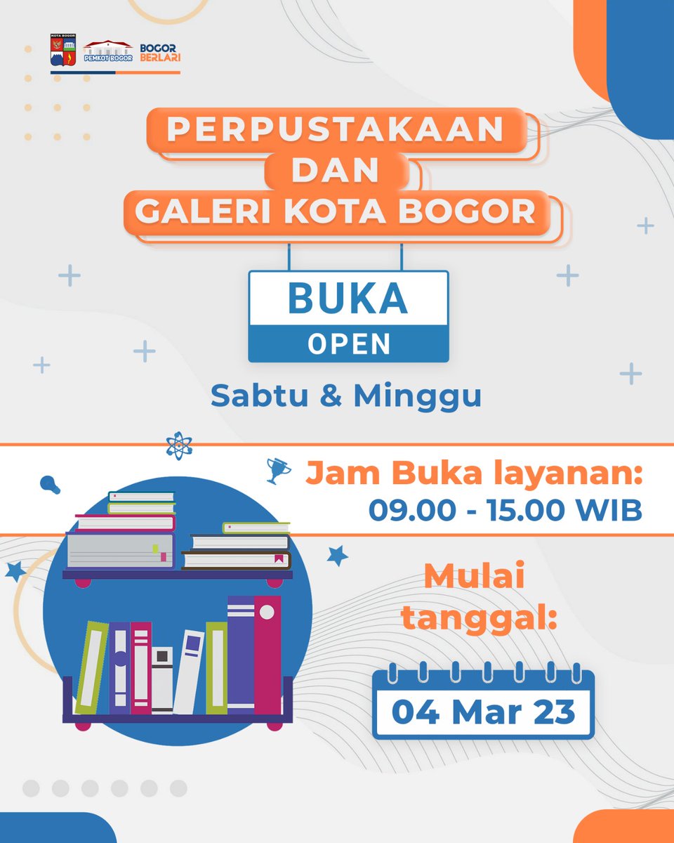 PemkotaBogor's tweet image. Bogorian, ada kabar gembira nih dari Perpustakaan dan Galery Kota Bogor!

Mulai tanggal 4 maret 2023 Perpustakaan dan Galeri Kota Bogor buka di hari sabtu dan minggu lho..

Jam layanan 09.00 - 15.00 WIB

Yuk Ke Perpustakaan!

Info lebih lanjut @diskarpus 

#pemkotbogor