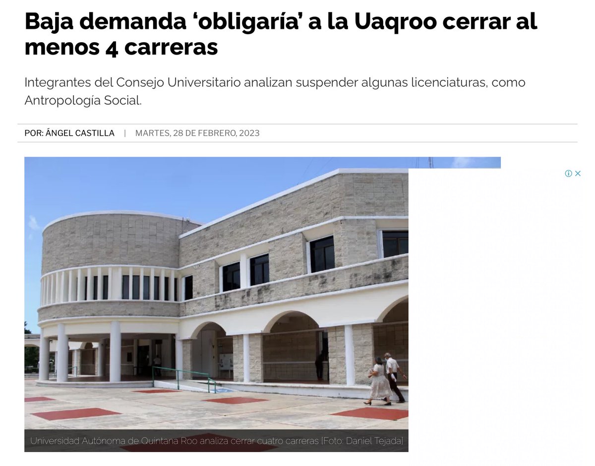 CEAScdmx's tweet image. Baja demanda ‘obligaría’ a la Uaqroo cerrar al menos 4 carreras 

Integrantes del Consejo Universitario analizan suspender algunas licenciaturas, como Antropología Social.

sipse.com/novedades/baja…