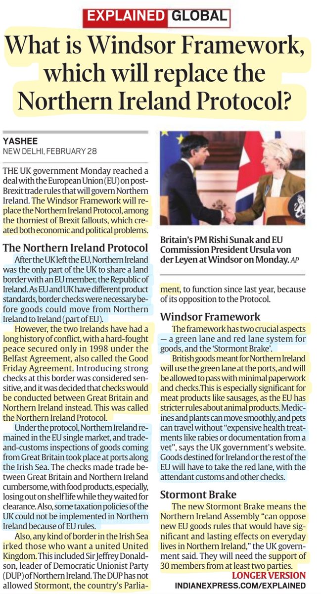 'What is Windsor Framework,which will replace the Northern Ireland Protocol?'
:Details

#UnitedKingdom #Ireland #NorthernIreland #EuropeanUnion #Brexit #trade 
#WindsorFramework #WindsorAgreement #NorthernIrelandProtocol 
#RishiSunak

#UPSC #UPSCPrelims2023 #UPSC2023 

Source: IE