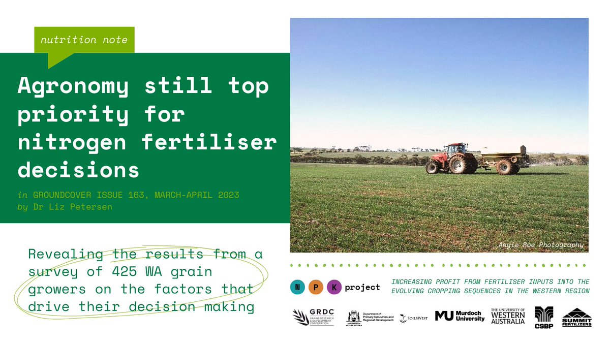 SoilsWest's tweet photo. In September 2020, 425 grain businesses from WA were interviewed by telephone to enable researchers to better understand the factors that influence growers’ fertiliser decision-making.
Check out this GroundCover story exploring the results ➡️ https://t.co/seyPFWcdAv
#NPKproject https://t.co/I9XYlr2dPD
