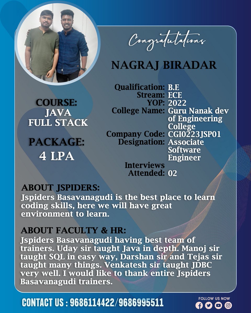 BrandingJsp's tweet image. Congratulations NAGRAJ BIRADAR for getting placed as ASSOCIATE SOFTWARE ENGINEER
#jspidersbasavanagudi #besttraininginstitute #Javaprograming #electronicsandcommunication #jspidersplacement #gotjob #jobplacement #qualityasssurance #jobskills #jobopenings #courses #jobseekers