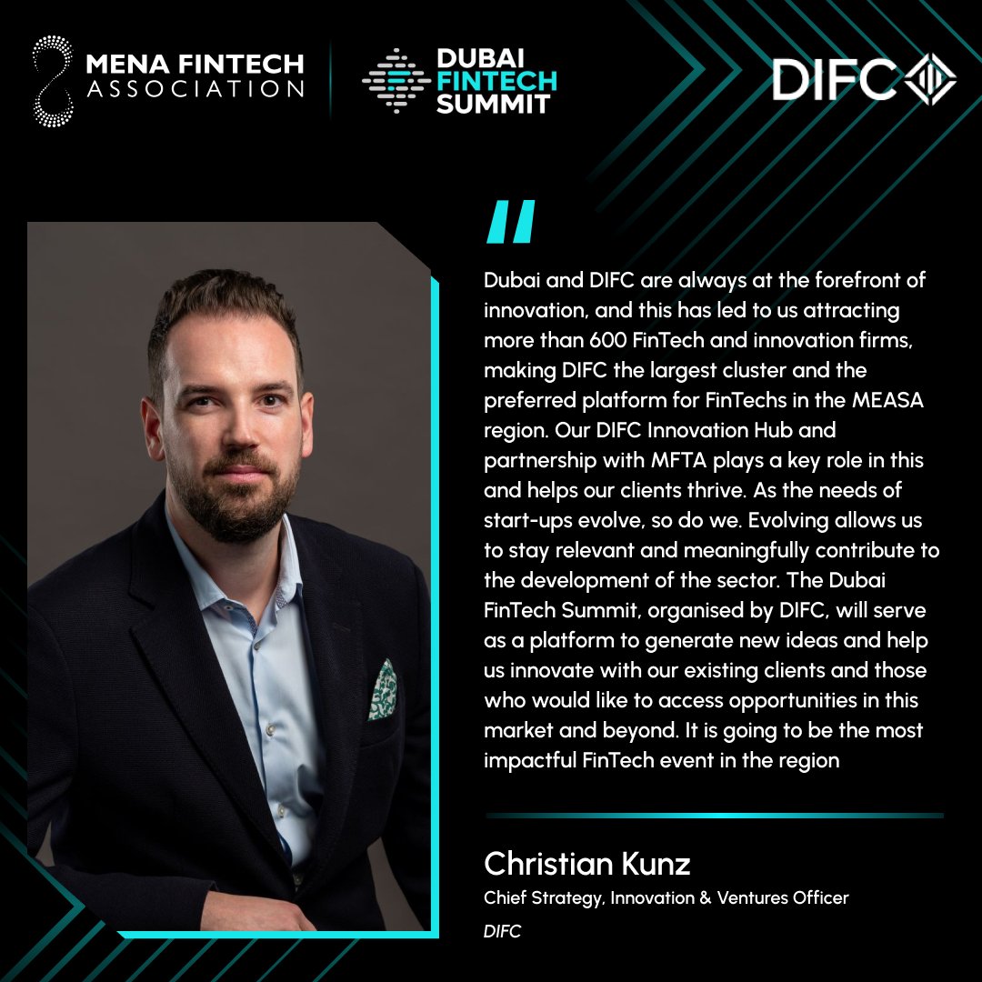MENA FINTECH ASSOCIATION (@themenafintech) on Twitter photo As Dubai FinTech Summit approaches we asked <a href="/ChristianK/">Christian Kubek</a>. what the significance of the Dubai FinTech Summit organized by DIFC is in bringing a new wave of innovation to the MEASA region.
<a href="/DIFC/">DIFC</a> <a href="/DubaiFinTechSum/">Dubai FinTech Summit</a>
#MENA #DubaiFinTechSummit As Dubai FinTech Summit approaches we asked <a href="/ChristianK/">Christian Kubek</a>. what the significance of the Dubai FinTech Summit organized by DIFC is in bringing a new wave of innovation to the MEASA region.
<a href="/DIFC/">DIFC</a> <a href="/DubaiFinTechSum/">Dubai FinTech Summit</a>
#MENA #DubaiFinTechSummit