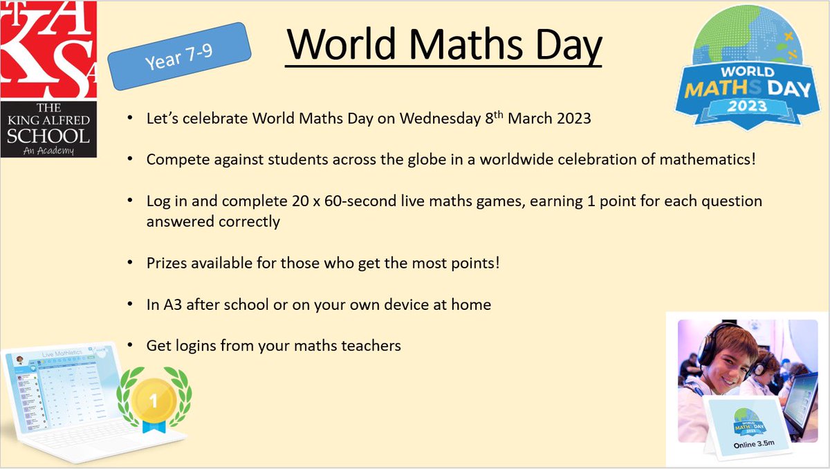 Year 7-9: Please join us in celebrating World Maths Day on Wednesday 8th March! 🌎🔢🏅
All details below ⬇️