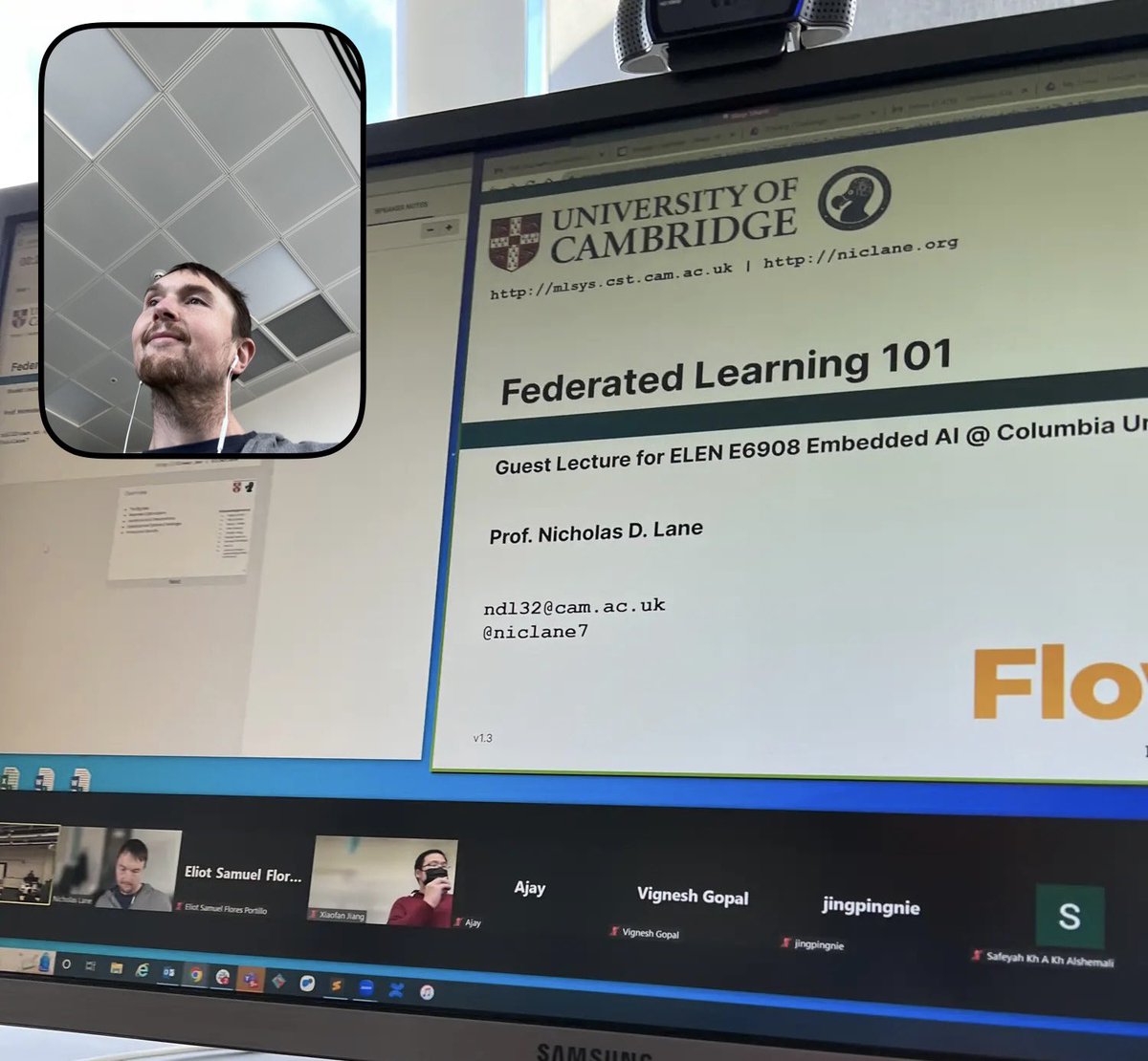 CaMLSys's tweet photo. Fun times earlier this week with Prof. Nic Lane (@niclane7) giving a Federated Learning 101 lecture to @Columbia students. Thanks for the invite @fredjiang. Next week, @CaMLSys members will provide a practical tutorial of the @flwrlabs framework to the same students. https://t.co/CMjw2gHggw