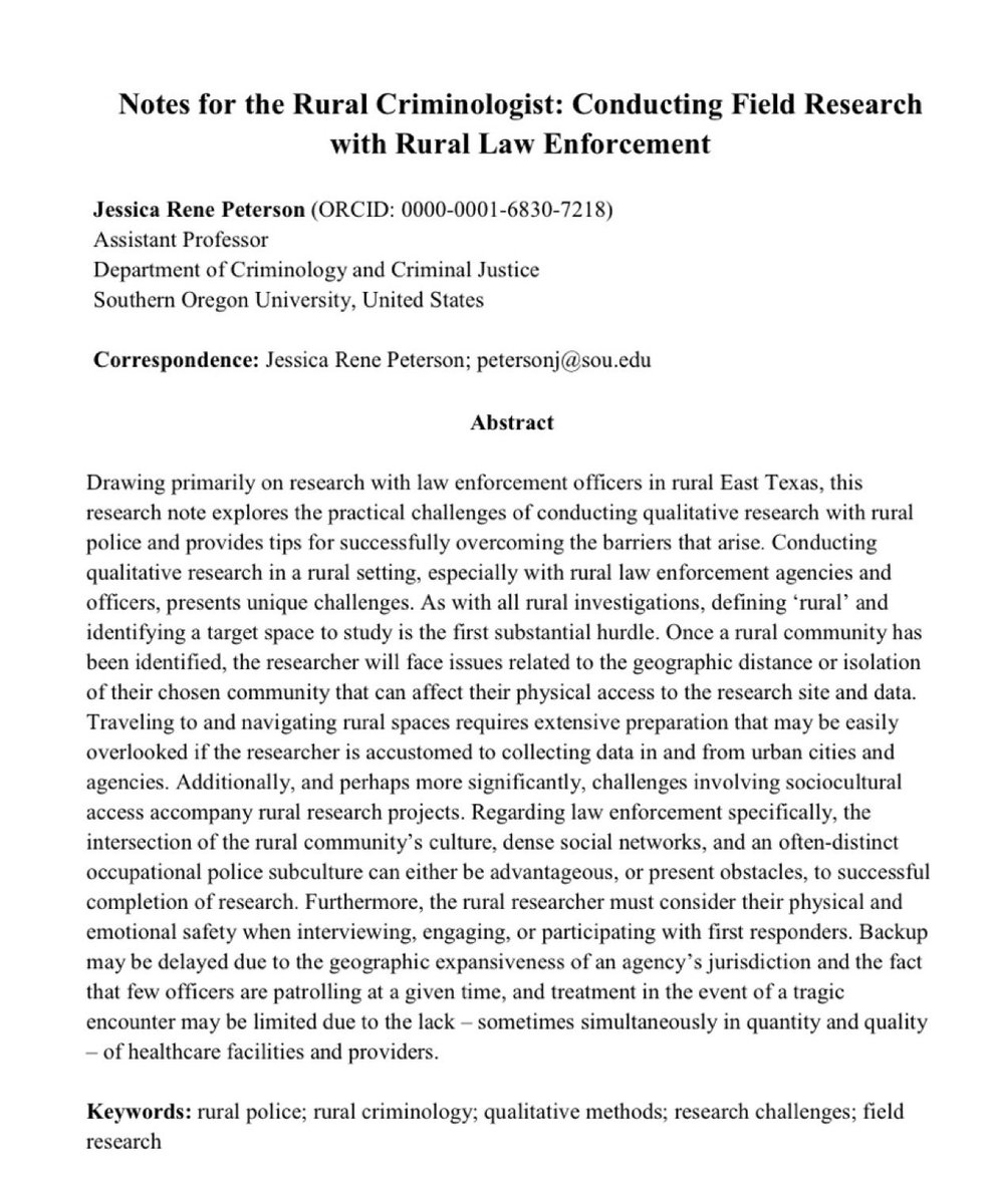 IJRuralCrim's tweet photo. #PartIRecap 

✅ @DrJRPeterson’s #research note provides insight on how researchers can prepare for – and overcome – unique challenges presented by the #rural context when studying rural #police.

Learn more here: https://t.co/2wRvjTuikw

#IJRC #criminology https://t.co/bXonHVTsCa