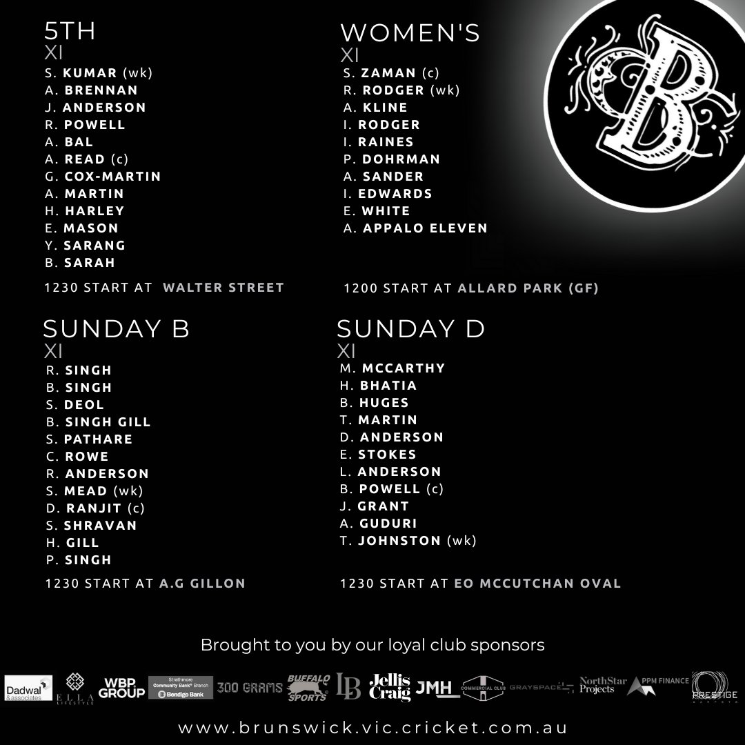 Team News 📰

The 1's, 2's, 3's and 5's all play on Saturday, and the 4's, Sunday B &amp; D sides play on Sunday. 

The Women's team also have their Grand Final on Sunday which is a 12:00 start at Allard Park!

#brunswick #carnthewicks #wearebrunswick