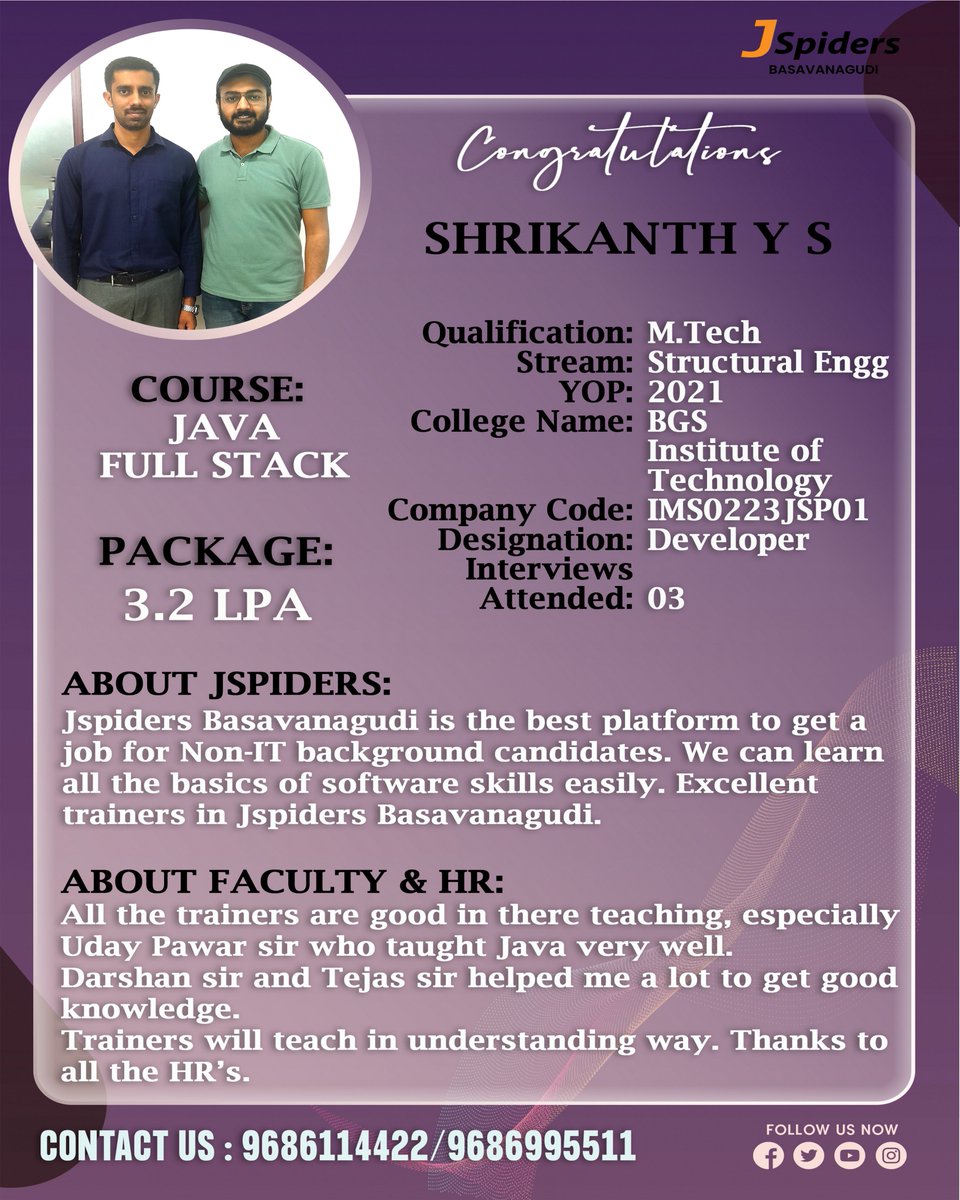 BrandingJsp's tweet image. Congratulations SHRIKANTH Y S for getting placed as DEVELOPER
#jspidersbasavanagudi #besttraininginstitute #Javaprograming #structuralengineering #jspidersplacement #gotjob #jobplacement #qualityasssurance #developer #jobskills #jobopenings #courses #jobseekers #growth #training