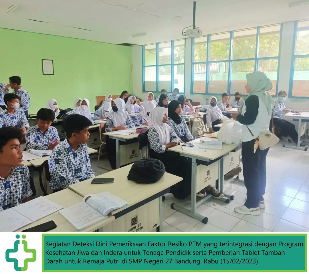 uptpkmpadasuka's tweet photo. Kegiatan Deteksi Dini Pemeriksaan Faktor Resiko PTM yang terintegrasi dengan Program Kesehatan Jiwa dan Indera untuk Tenaga Pendidik serta Pemberian Tablet Tambah Darah untuk Remaja Putri di SMP Negeri 27 Bandung, Rabu (15/02/2023). https://t.co/85oQToBs5J