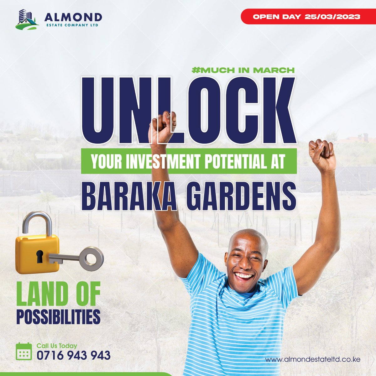 almond_estate's tweet photo. Ready to grow your wealth? Baraka Gardens is the answer
Don't miss our Open Day on March 25th and learn how you can invest in a 50 by 100 plot of land in Kinanie, Athi River for just Kes 800,000 with a deposit of Kes 20,000
Reserve your seat today by calling 0716 943943
 #invest https://t.co/4YbdT7rCKR