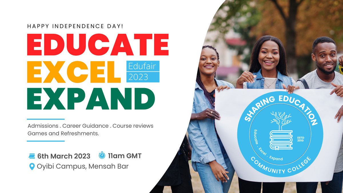 SharingEduCC's tweet photo. Join us  celebrate Ghana's 66th year of independence! The maiden edition of our Edu Fair has arrived, providing you a list of available academic possibilities. Prospective students, parents, and the general public should not pass up this chance to educate, excel, and expand. https://t.co/QI1tJKE2TG