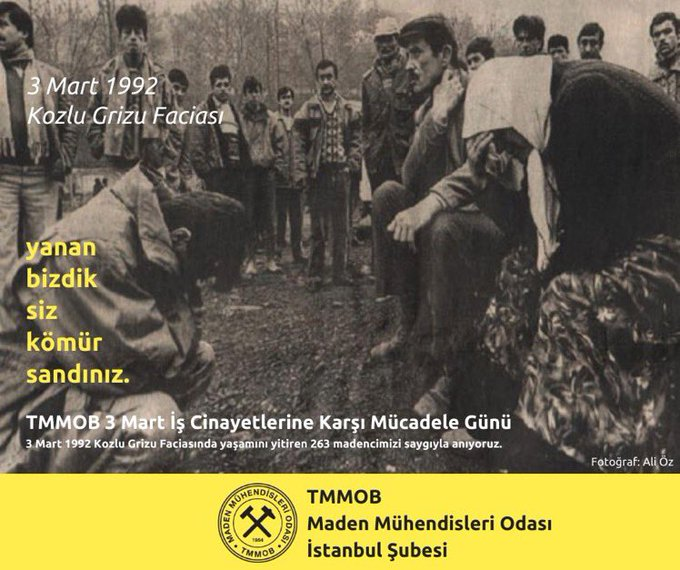 Yanan 
bizdik
siz 
kömür 
sandınız.

3 Mart 1992 Kozlu Grizu Faciasında yaşamını yitiren 263 madencimizi saygıyla anıyoruz.

Basın açıklaması > maden.org.tr/genel/bizden_d…