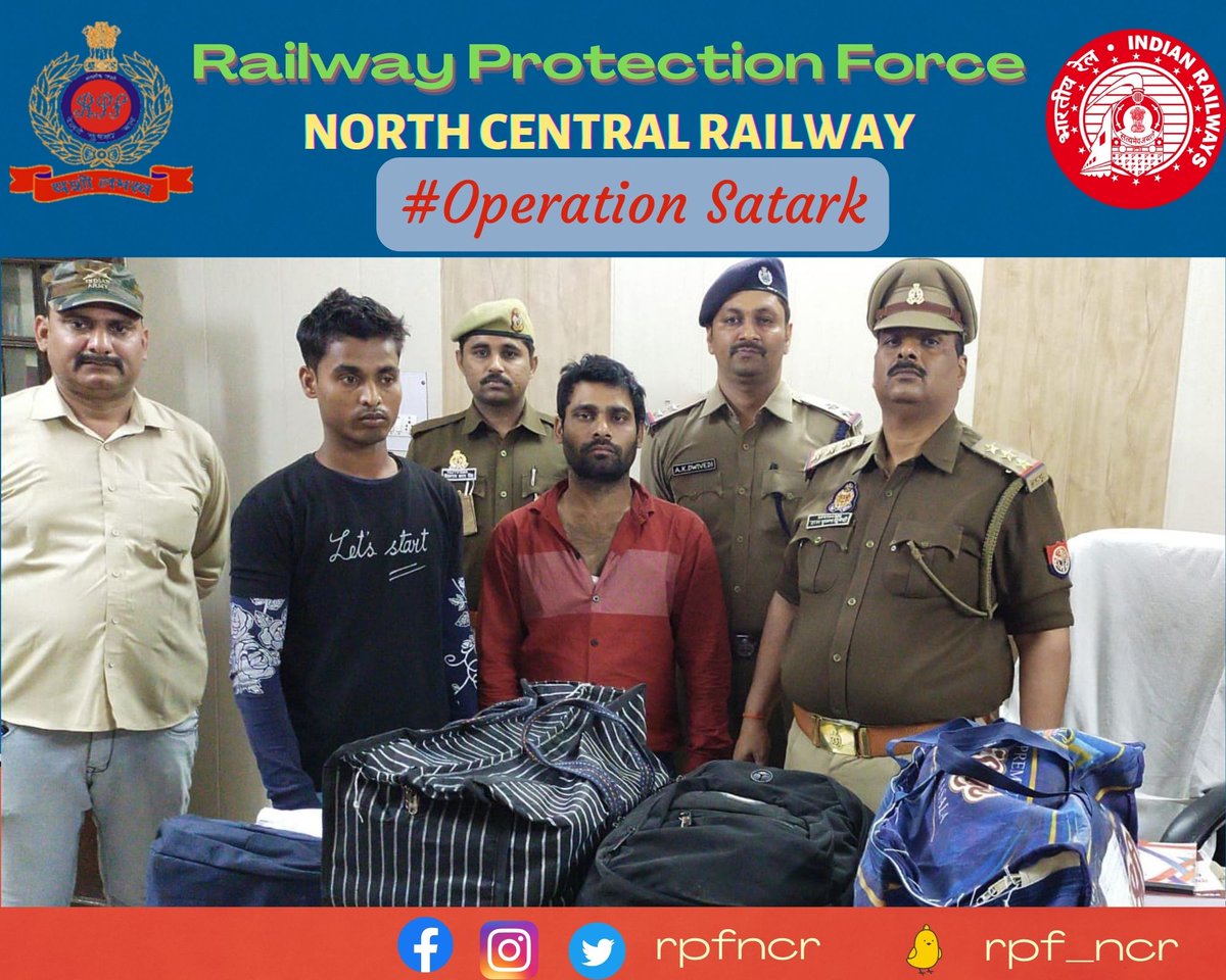 rpfncr's tweet photo. #OperationSatark के तहत रेलवे सुरक्षा बल, उत्तर मध्य रेलवे व जीआरपी द्वारा गाड़ी संख्या 12304 से शराब ले जाने वाले 02 शातिर आरोपियों को 77 बोतल अंग्रेजी मदिरा अनुमानित क़ीमत  रु 80,000 /- के साथ गिरफ्तार कर धारा  63 एक्साइज एक्ट के तहत विधिक कार्यवाही की गई।  @RPF_INDIA https://t.co/1Ji2AyHh3i