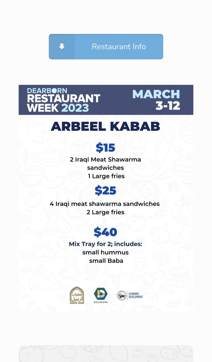 arbeelkabab's tweet photo. Dearborn Restaurant Week 2023 https://t.co/fy0qSwLP1r
