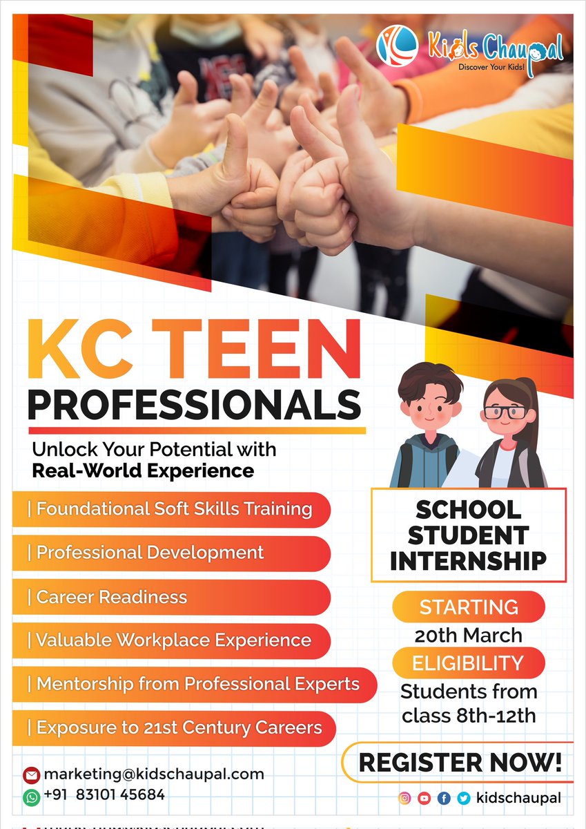 Teen Professionals is a unique School #Internship Programme, by KC to provide experiential learning and training to the younger generation. It's a great opportunity for students to explore a #Career path. Apply Now: bit.ly/3y6Txd3 #KidsChaupal #KC