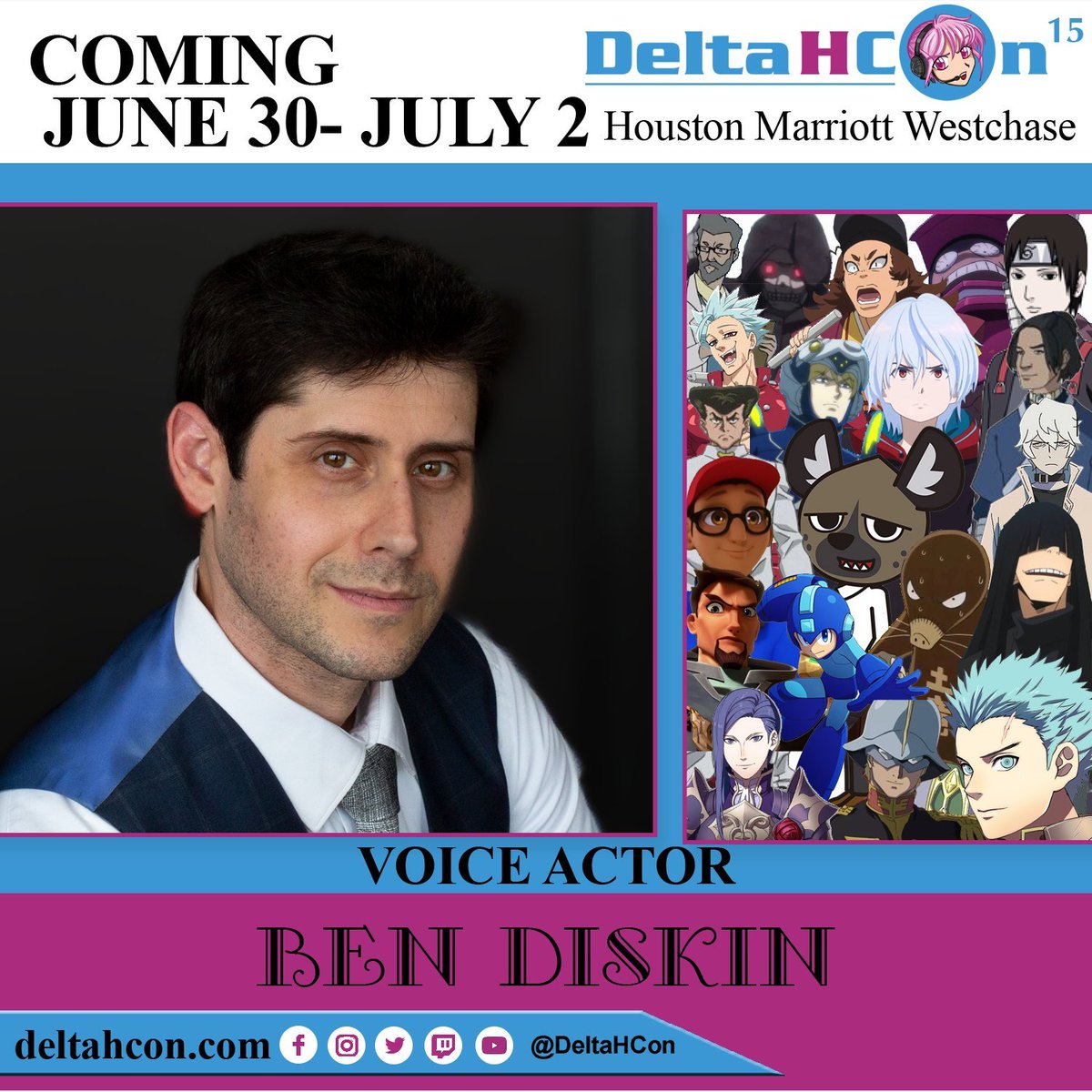 Guess who's coming to Delta H Con 2023??
...It's me.
I'm coming to Delta H Con 2023...
... WOOO!!!!

June 30 - July 2 in Houston, TX!

Can't wait to see you there! 😃
@DeltaHCon 
#DeltaHCon #GuestAnnouncement #voiceactor #Animeconvention #BenDiskin
deltahcon.com/ben-diskin-del…