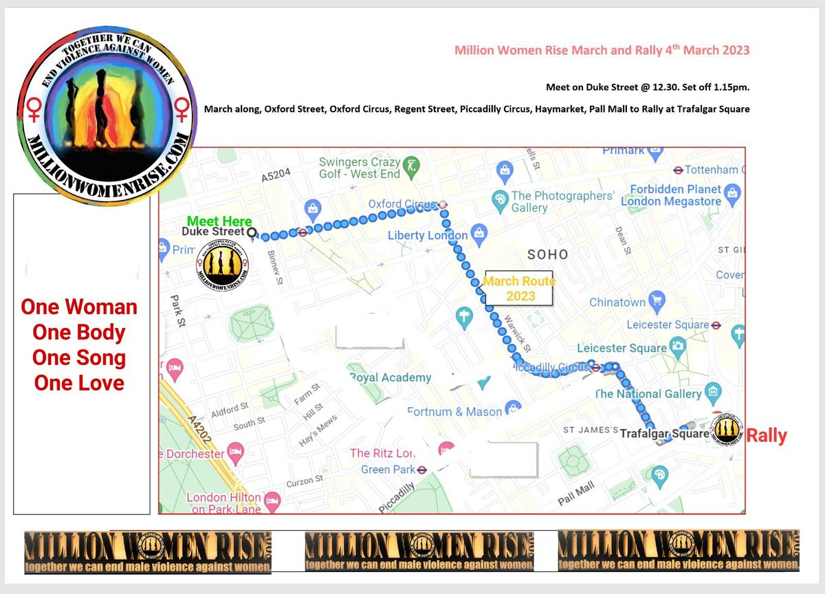 MillionWomen's tweet photo. Saturday 4th March 
Million Women Rise 2023

Meet on Duke Street London, W1U 1JY @ 12.30. Set off 1.15pm
March along
Oxford Street 
Oxford Circus
Regent Street
Picadilly Circus 
Haymarket 
Pall Mall to Rally @ Trafalgar Square

Be ready....stay ready....get ready! https://t.co/5ReAn2LGYf
