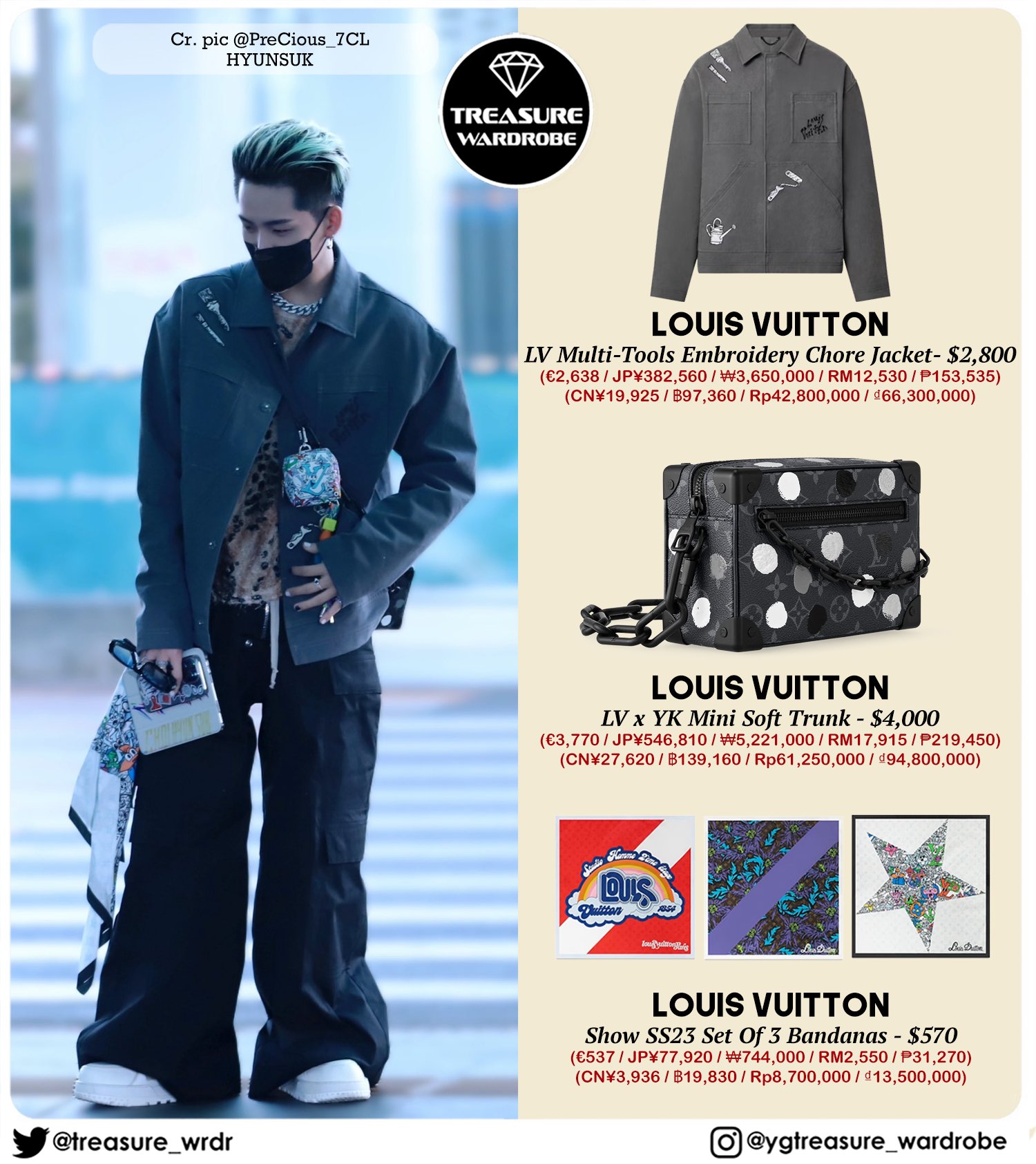 TREASURE WARDROBE on X: #HYUNSUK wearing Louis Vuitton - Holder & Bag  charm - Play Bag charm & Key holder - Trainer - Chore Jacket - Mini  Soft Trunk - Bandana #HYUNSUKWARDROBE #